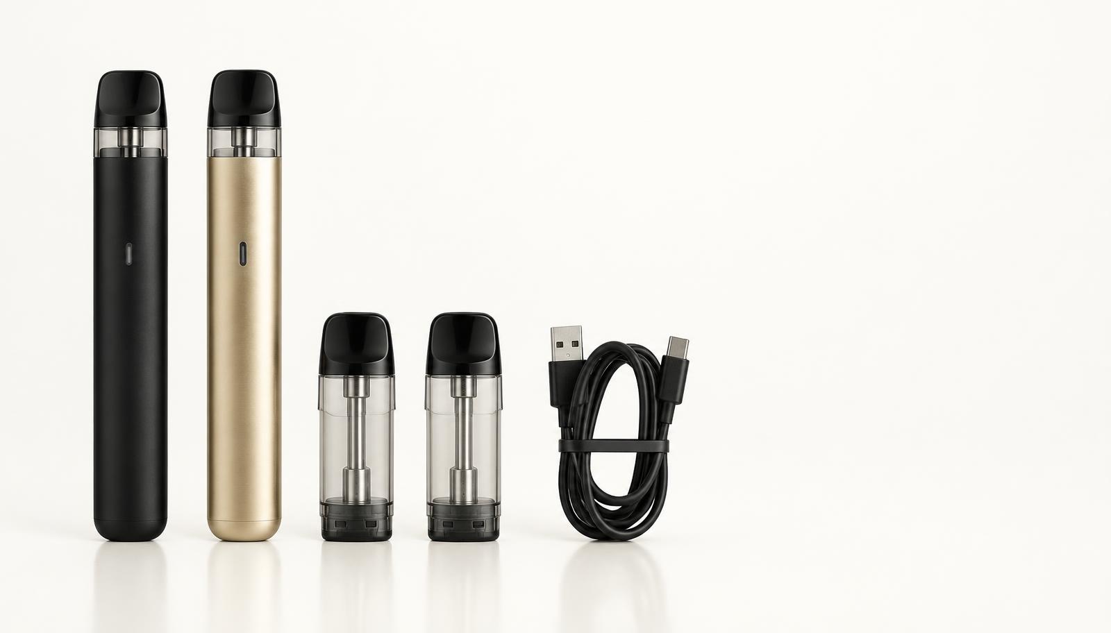 Unbranded electronic cigarette devices and accessories shown as a trade category